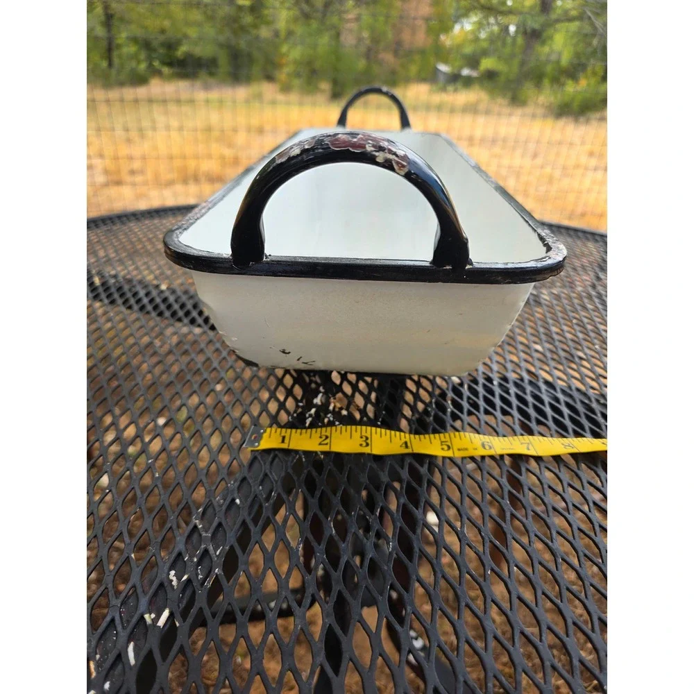 Vintage Enamelware Trough Planter White Black Trim Distressed Farmhouse Basin